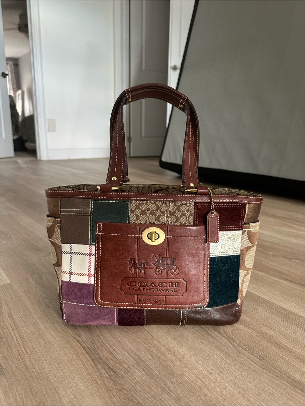 Coach Patchwork Leather Tote in Brown, Tan, Cream, Green, Purple